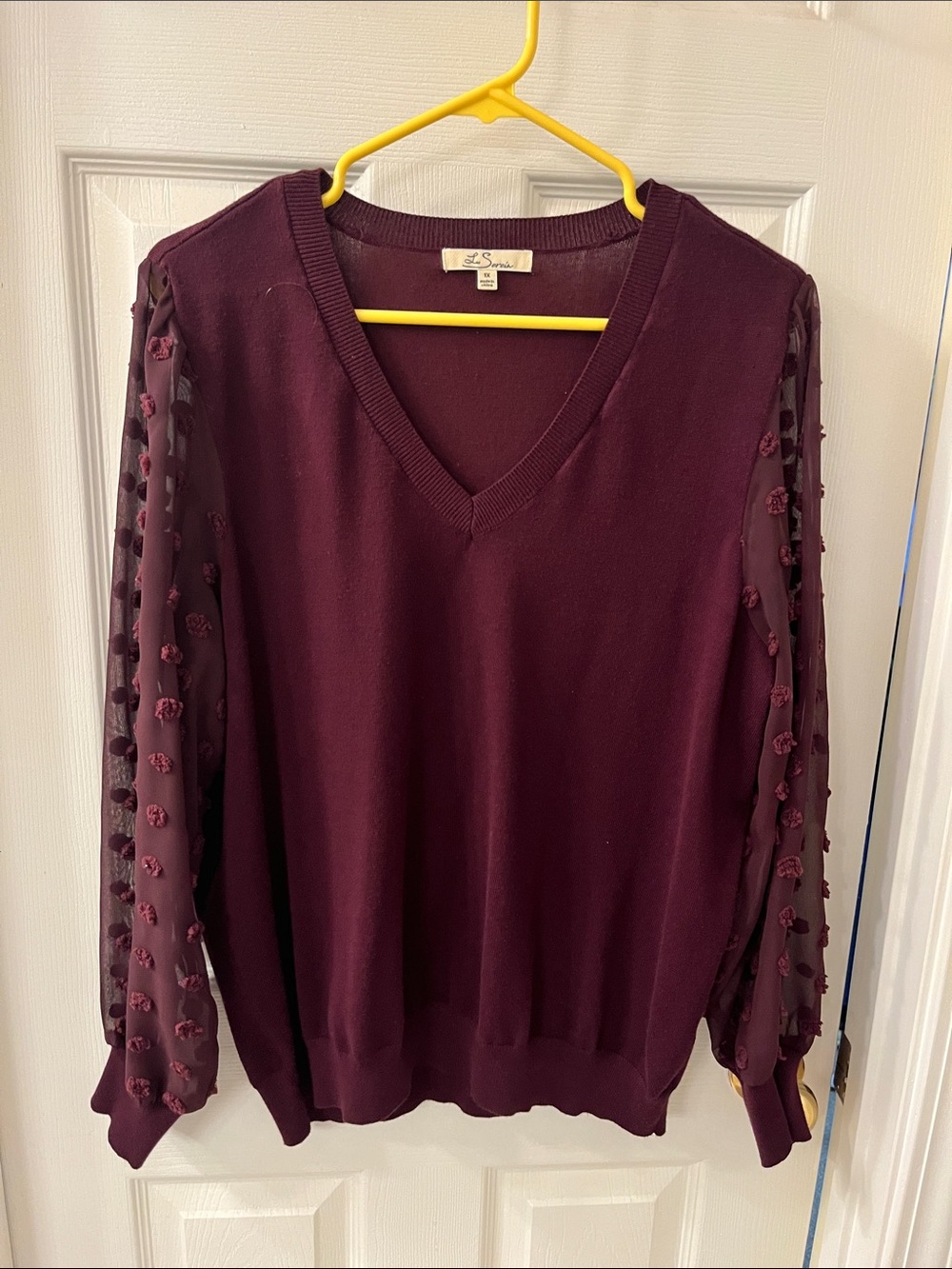 A. Saville Women's Plum V-Neck Sweater with Sheer Pom-Pom Sleeves